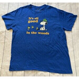 Peanuts T-Shirt Men XL Graphic Print Snoopy Logo Blue “All Good In The Woods”